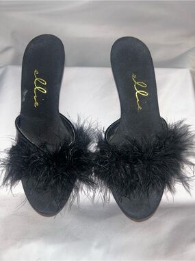 Ellie Black Feather Slide Heels with Marabou Trim
